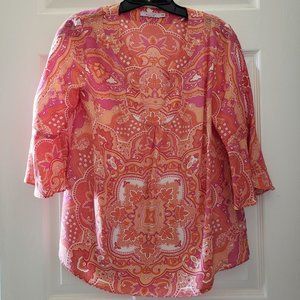 Calypso St. Barth Orange, White, and Fuschia Paisley Silk Blouse